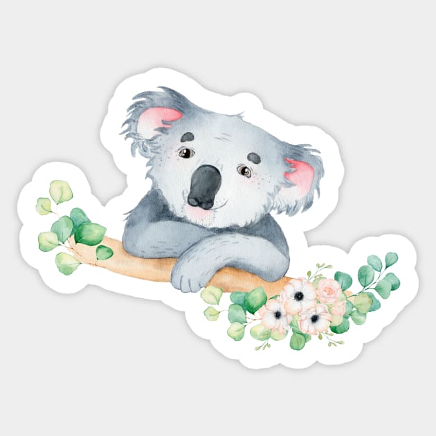 Koala in watercolor with leaves and flowers Sticker by pickledpossums